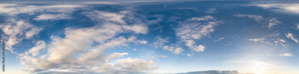 Panoramic View of Serene Blue Sky with Fluffy White Clouds Panoramic View of Serene Blue Sky with Fluffy White Clouds