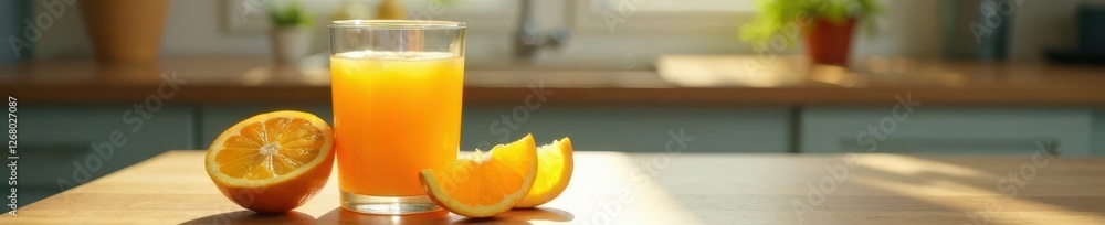 Glass of orange juice on kitchen table with a few slices of orange inside , table, kitchen, orange Glass of orange juice on kitchen table with a few slices of orange inside , table, kitchen, orange
