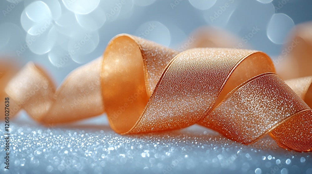 Naklejka premium Sparkling gold ribbon swirls on glitter; festive background; holiday card design