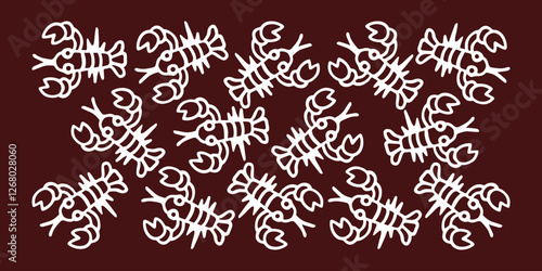 Vector drawing of a collection of crayfish with claws on a dark brown background in a cartoon style