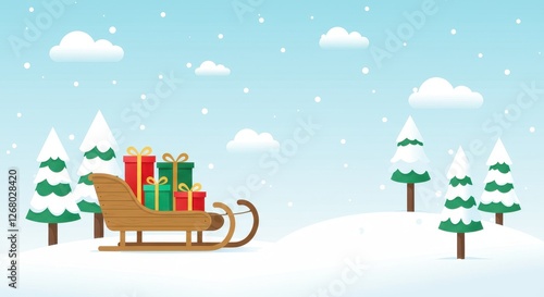 Wallpaper Mural A festive flat illustration of a classic wooden sleigh carrying neatly wrapped Christmas presents in red, green and gold Torontodigital.ca
