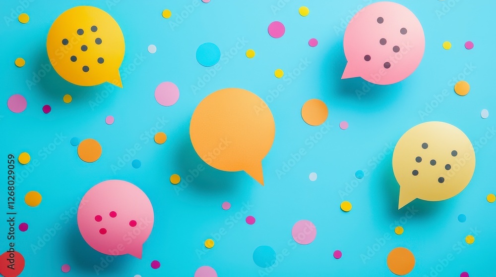 This dynamic image showcases playful conversation elements combined with colorful dots and circles, creating a lively atmosphere that emphasizes interaction and joy. This dynamic image showcases playful conversation elements combined with colorful dots and circles, creating a lively atmosphere that emphasizes interaction and joy.