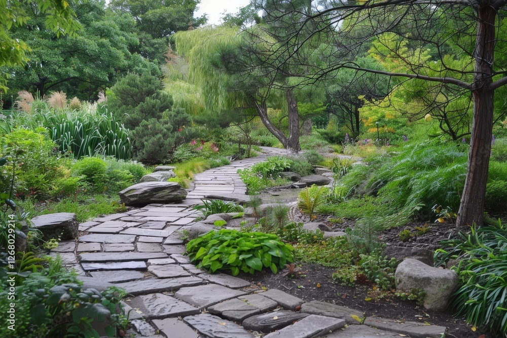 Serene garden pathway surrounded by lush greenery and colorful flowers during a sunny afternoon Serene garden pathway surrounded by lush greenery and colorful flowers during a sunny afternoon