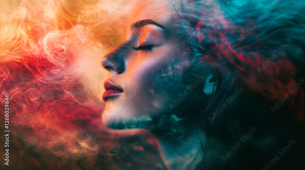 Portrait of a woman with artistic smoke effects in vibrant colors at twilight Portrait of a woman with artistic smoke effects in vibrant colors at twilight