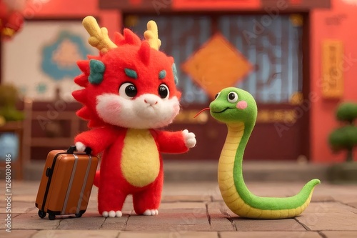 Dragon, snake travel, China town, festive backdrop, animation photo