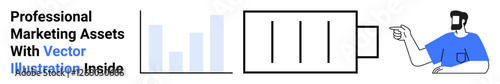 Bar graph, low battery icon, and a man in blue shirt pointing rightwards. Ideal for metrics, teamwork, productivity, energy, marketing efficiency and communication. Flat landing page banner