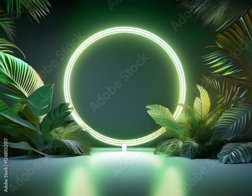 Natural background platform studio floor with green plants and a neon glowing loop circle. 3D illustration.