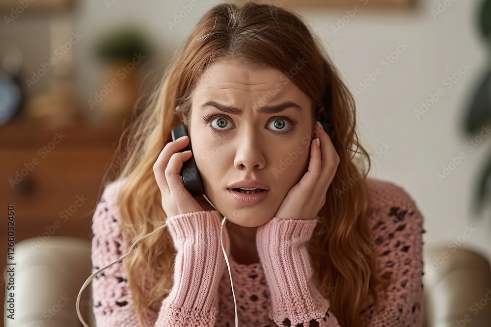 Fototapeta premium looking confused and concerned as she listens to the scammer on the other line.
