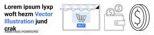 Online shopping cart on screen with a buy button, a wallet with cash, and a currency coin. Ideal for e-commerce, digital payments, online stores, shopping, finance, budgeting flat landing page