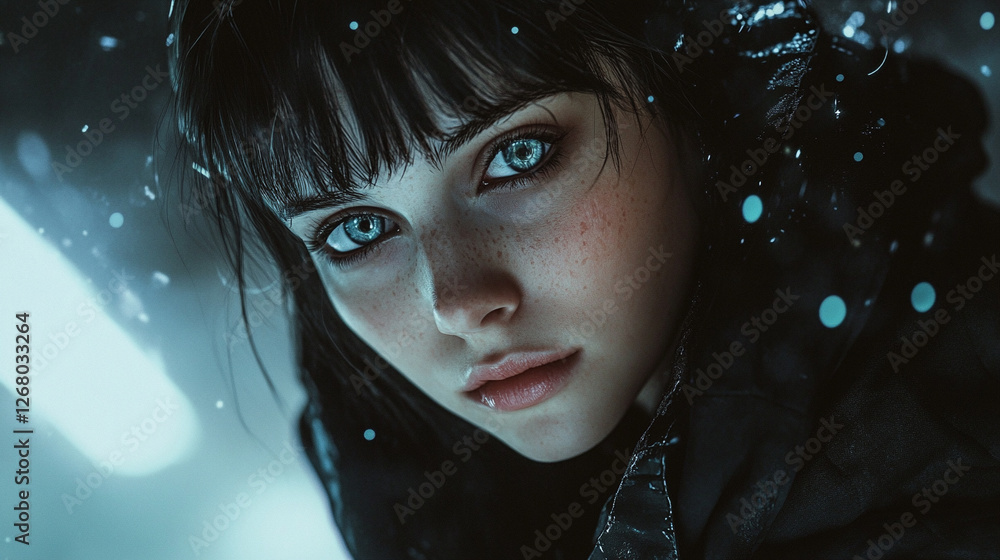 Stunning portrait of a young woman with striking blue eyes in a moody environment Stunning portrait of a young woman with striking blue eyes in a moody environment