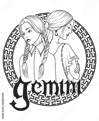 Gemini Zodiac Symbol Depicting Twin Personas in Intricate Artistic Style For T-Shirt Designs