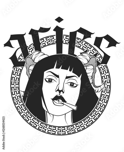 Black and White Aries Zodiac Art Featuring a Bold Female Design For T-Shirt Designs