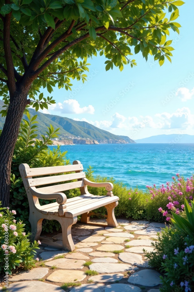 Aegina coastal garden bench, serene seaside setting, bench, seascape, photography Aegina coastal garden bench, serene seaside setting, bench, seascape, photography