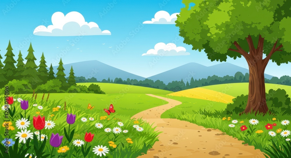 Fototapeta premium A cheerful flat illustration of a sunny spring meadow with a winding dirt path leading into the distance