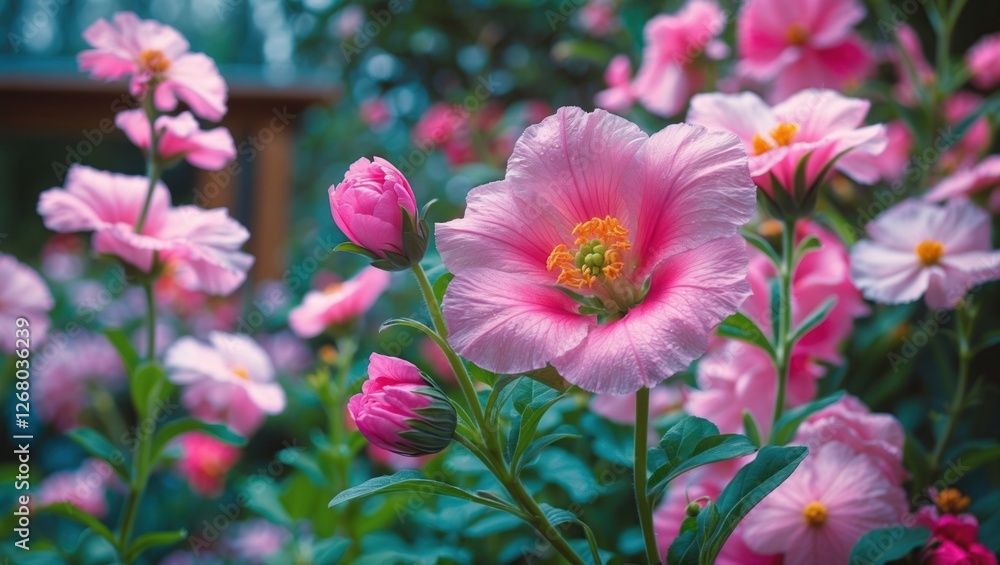 Fototapeta premium Vibrant pink flowers blooming in a lush garden setting creating a serene and beautiful natural environment.