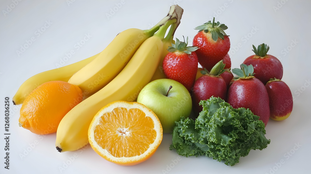 Assortment of fruits and vegetables arranged on a clean white background Assortment of fruits and vegetables arranged on a clean white background