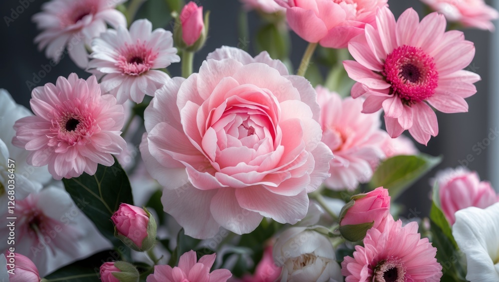 Fototapeta premium Pink floral arrangement featuring delicate roses and daisies in soft hues, ideal for backgrounds, celebrations, and nature-themed projects.
