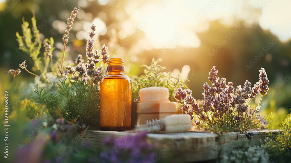 Relaxing garden setting with essential oil and natural beauty products at sunset Relaxing garden setting with essential oil and natural beauty products at sunset