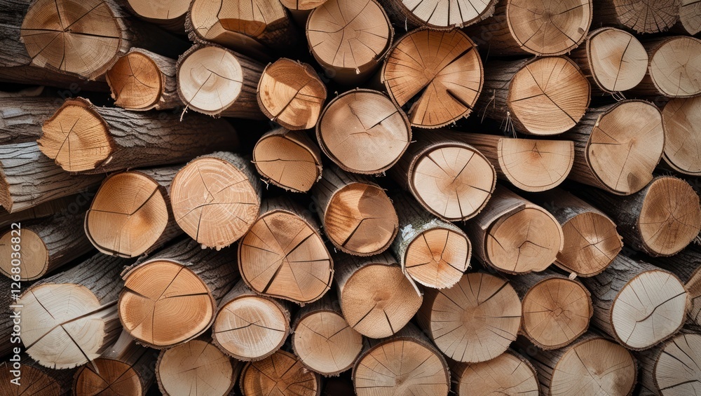 Fototapeta premium Close-up of neatly stacked firewood logs displaying clean cuts and natural wood textures, ideal for rustic decor or outdoor fire imagery.