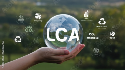 Hand holding a globe with life cycle assessment concept symbols photo