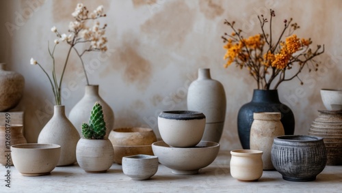 Wallpaper Mural Stylish arrangement of ceramic vases and bowls with dried flowers on a rustic table showcasing a minimalist aesthetic and natural textures. Torontodigital.ca