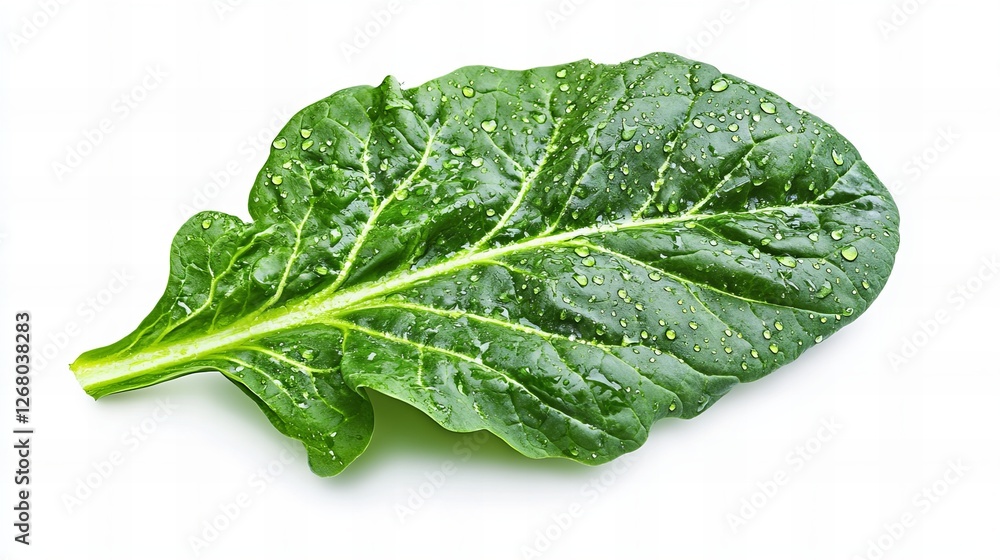 Fresh spinach leaf with water droplets, showcasing vibrant green hues and healthy texture. Fresh spinach leaf with water droplets, showcasing vibrant green hues and healthy texture.