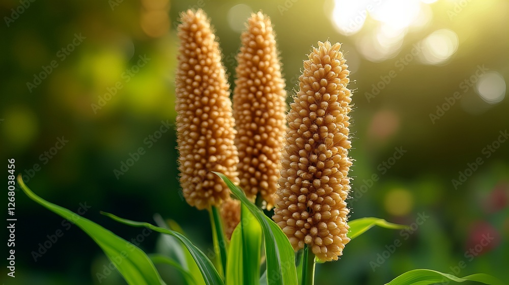 Close-up of three millet stalks, showcasing their unique texture and warm, golden hues against a soft green background. Close-up of three millet stalks, showcasing their unique texture and warm, golden hues against a soft green background.