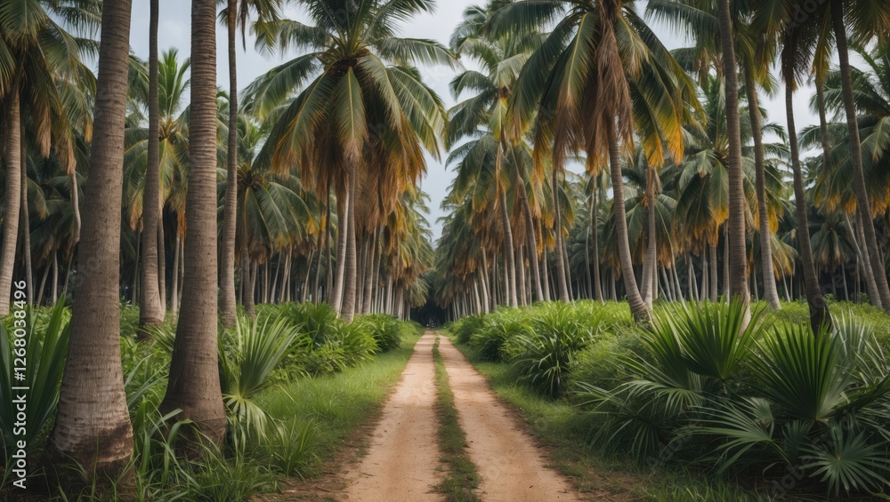 Lush Pathway Through a Serene Palm Tree Forest Surrounded by Vibrant Green Foliage and Tranquil Nature Atmosphere Lush Pathway Through a Serene Palm Tree Forest Surrounded by Vibrant Green Foliage and Tranquil Nature Atmosphere