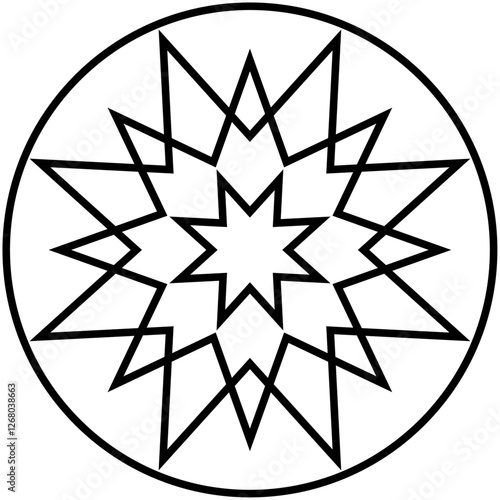 Abstract geometric figure featuring a central 8 pointed star within a circular frame, showcasing symmetry and minimal black and white design.