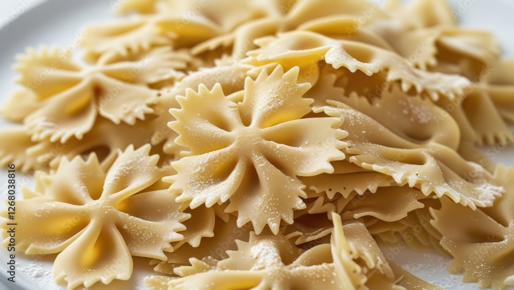 Close-up of farfalle pasta arranged on a plate with a white background ideal for culinary and food-related designs or recipes. Close-up of farfalle pasta arranged on a plate with a white background ideal for culinary and food-related designs or recipes.