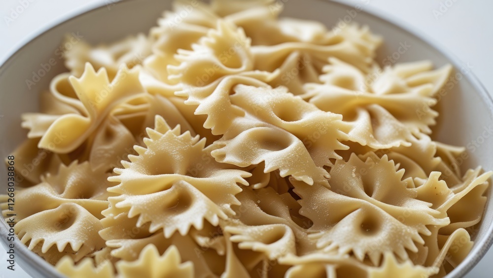 Farfalle pasta in a bowl with close-up detail against a clean white background ideal for culinary and food-related designs. Farfalle pasta in a bowl with close-up detail against a clean white background ideal for culinary and food-related designs.