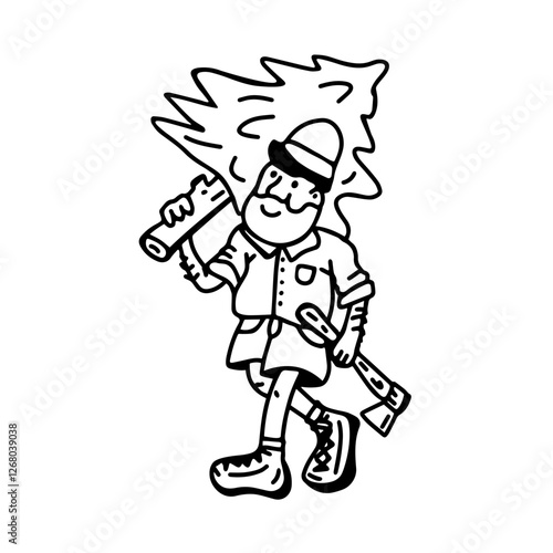 Black and white vector drawing of a bearded lumberjack with an axe and a tree on his shoulder, confidently walking forward