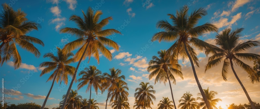 Palm Trees Silhouette Against Vibrant Sunset Sky with Golden and Blue Tones Providing Space for Text or Branding on Tropical Background Palm Trees Silhouette Against Vibrant Sunset Sky with Golden and Blue Tones Providing Space for Text or Branding on Tropical Background