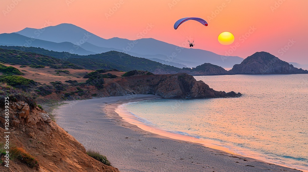 Paraglider soaring at sunset over coastal beach Paraglider soaring at sunset over coastal beach
