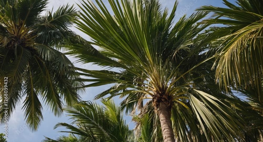 Tropical Palm Trees with Lush Green Leaves against a Clear Sky and Open Space for Text Overlay Tropical Palm Trees with Lush Green Leaves against a Clear Sky and Open Space for Text Overlay
