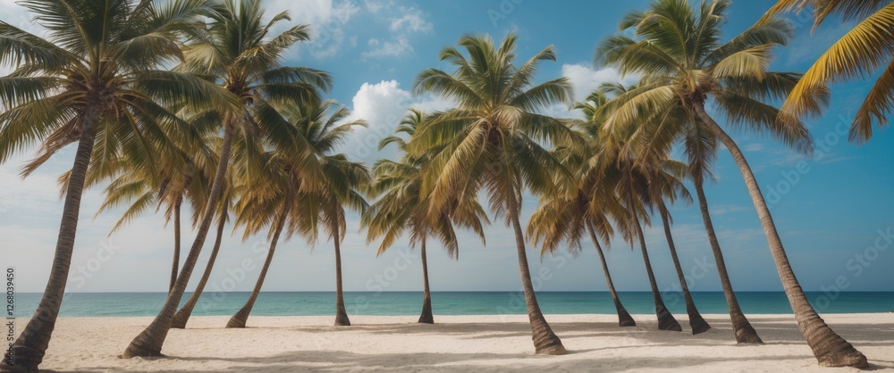 Obraz premium Tranquil Beach Scene with Leaning Palm Trees and Clear Sky Ideal for Tropical Vacation Themes and Customizable Text Space