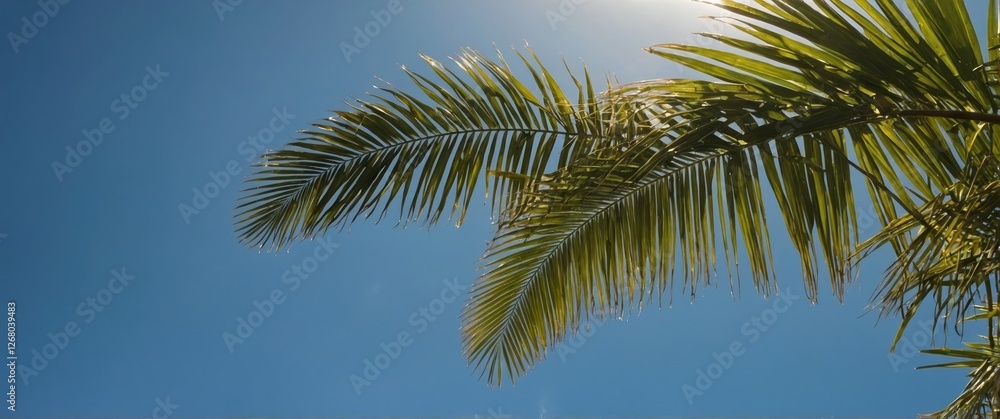 Lush Palm Leaves Framing a Clear Blue Sky Ideal for Summer Themes or Tropical Designs with Space for Text and Branding Lush Palm Leaves Framing a Clear Blue Sky Ideal for Summer Themes or Tropical Designs with Space for Text and Branding