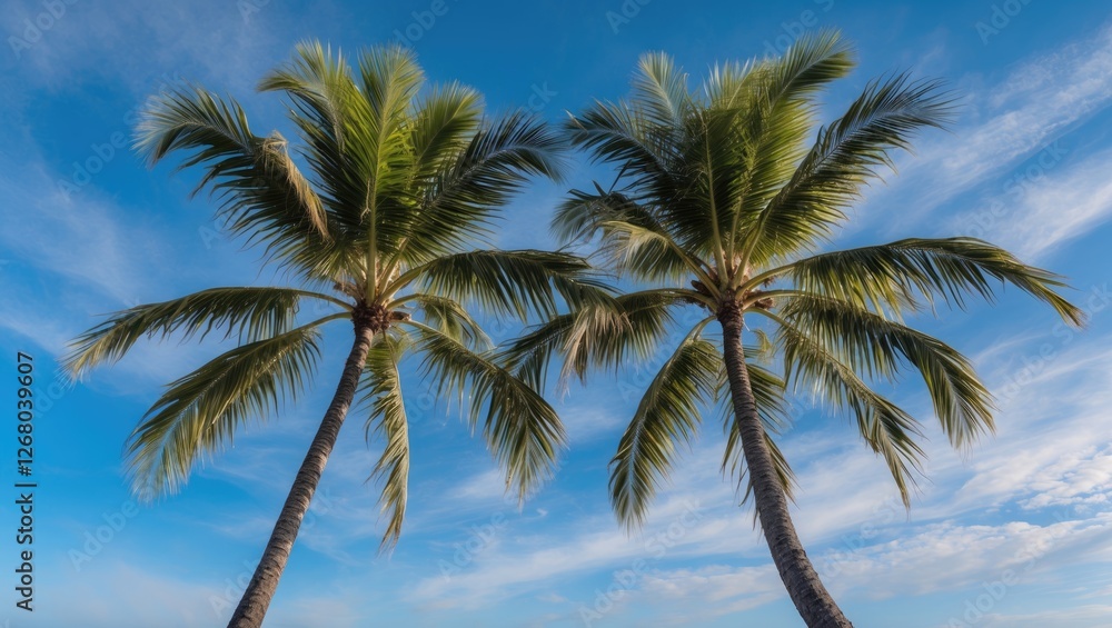 Tropical Palm Trees Against Clear Blue Sky Creating a Serene and Refreshing Atmosphere for Relaxation and Vacation Themes Tropical Palm Trees Against Clear Blue Sky Creating a Serene and Refreshing Atmosphere for Relaxation and Vacation Themes