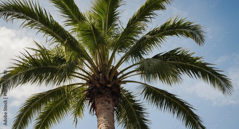 Lush green palm tree against a bright sky featuring tropical climate vibes and ample space for adding text or graphics. Lush green palm tree against a bright sky featuring tropical climate vibes and ample space for adding text or graphics.