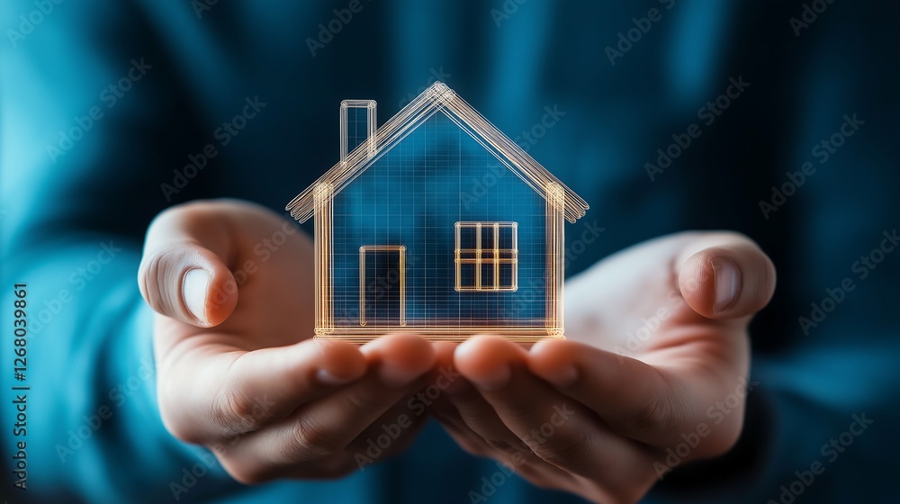 Man holding miniature house, symbolizing homeownership, security, and real estate investment Man holding miniature house, symbolizing homeownership, security, and real estate investment