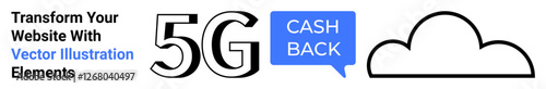 Bold 5G text, cashback in a speech bubble, and a cloud icon highlighting tech, offers, and connectivity. Ideal for telecom, tech services, digital solutions, business offers online platforms