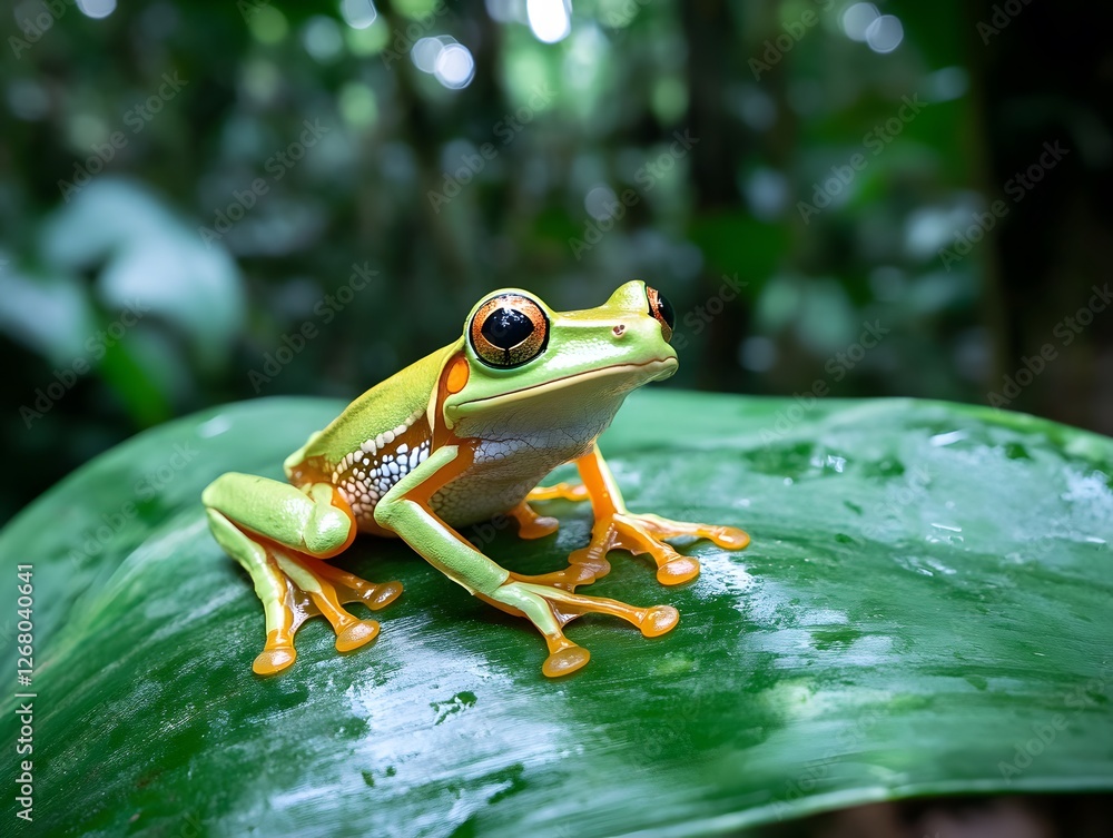 Fototapeta premium A live frog sitting on a large leaf in the rainforest