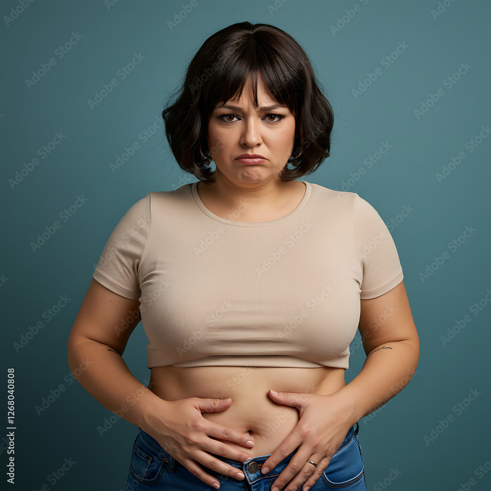 Una mujer de mediana edad con un enorme vientre. Una mujer de mediana edad con un enorme vientre.