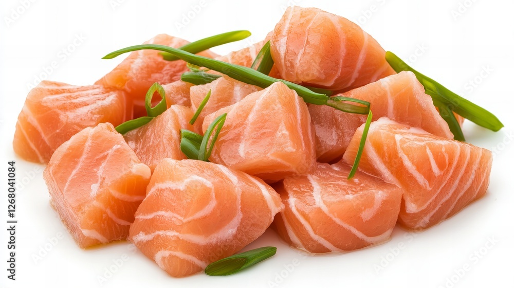 Fresh salmon cubes, garnished with green onions. Ready for cooking! Fresh salmon cubes, garnished with green onions. Ready for cooking!