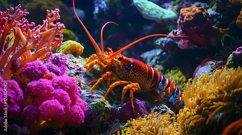 A lobster hiding in a colorful coral reef