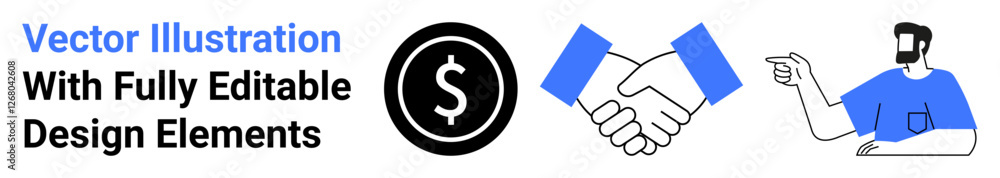 Blue handshake representing partnership, dollar sign icon for currency, and pointing figure symbolizing direction. Ideal for business, finance, teamwork, negotiation, trade, guidance flat landing Blue handshake representing partnership, dollar sign icon for currency, and pointing figure symbolizing direction. Ideal for business, finance, teamwork, negotiation, trade, guidance flat landing