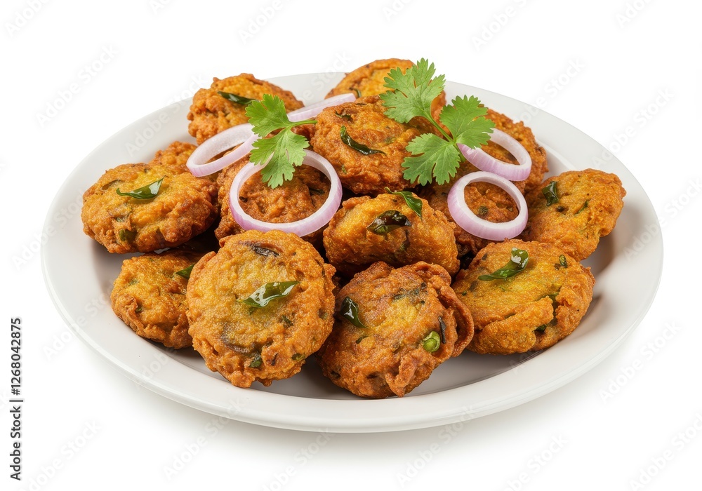 A white round plate filled with crispy deep-fried pakoras garnished with fresh cilantro leaves and thinly sliced onions A white round plate filled with crispy deep-fried pakoras garnished with fresh cilantro leaves and thinly sliced onions