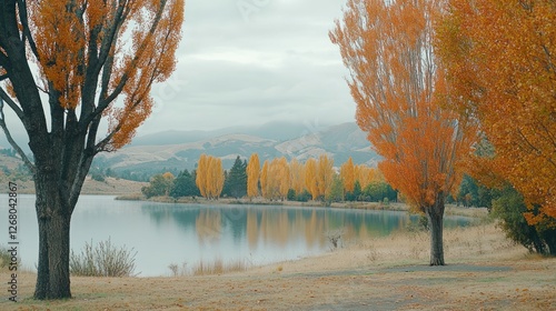 Autumnal lake scene with golden trees and mountains