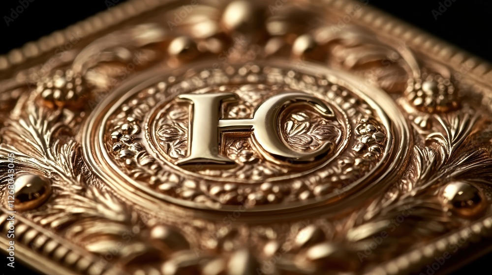 A close-up of an ornate gold emblem featuring intricate floral designs. A close-up of an ornate gold emblem featuring intricate floral designs.