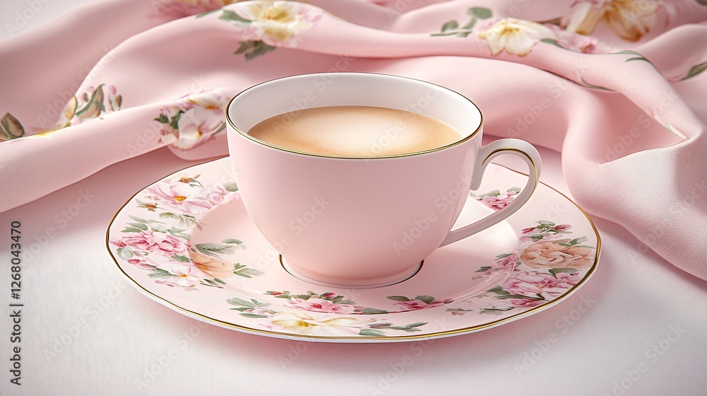 Pink floral teacup, latte, silk background Pink floral teacup, latte, silk background